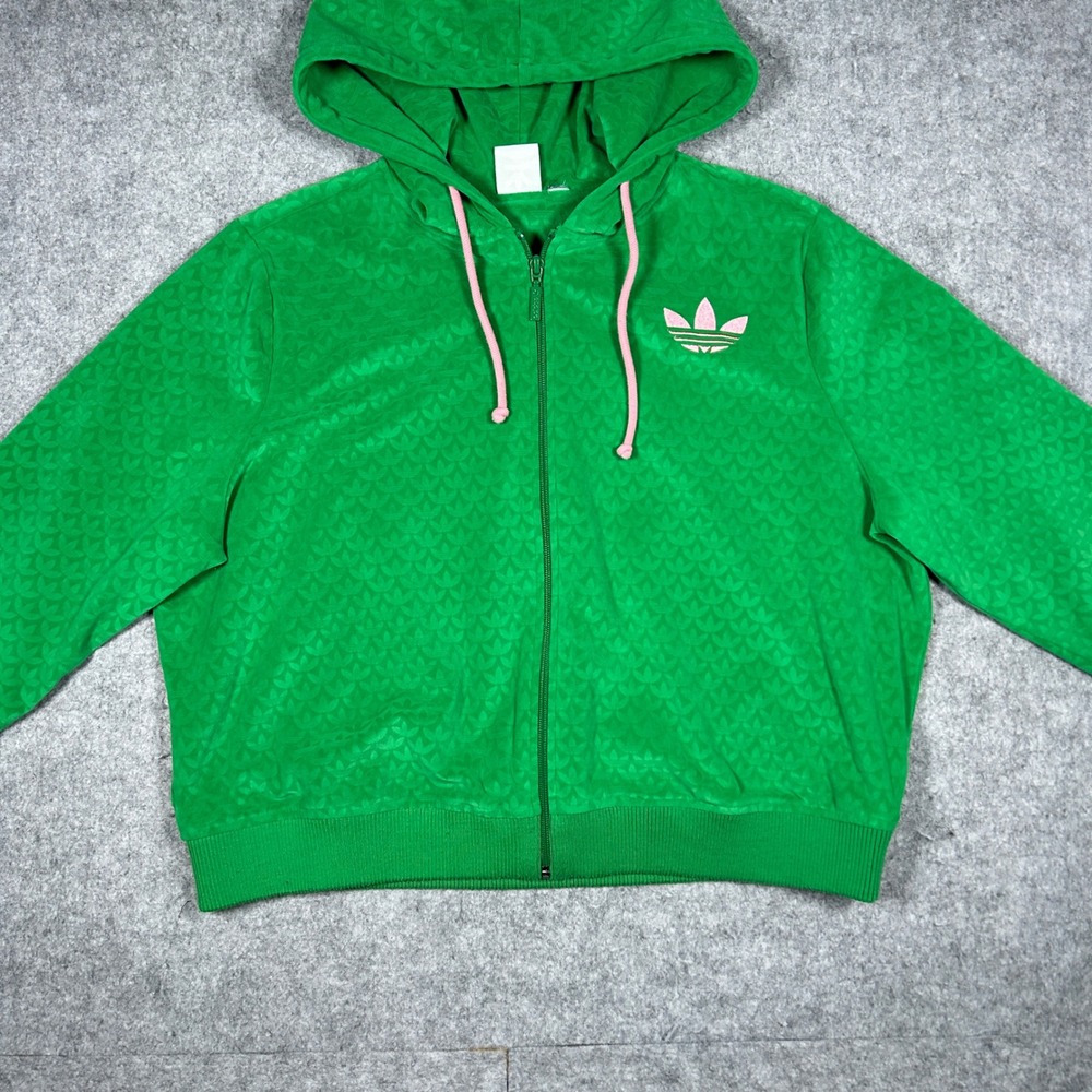 Adidas Hoodie Womens Large Green Monogram Velour Full Zip Trefoil Logo - Picture 5 of 15